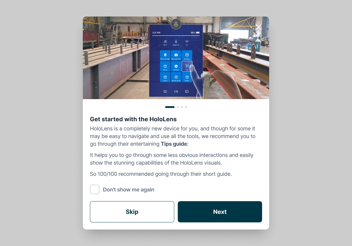 In-app guide for getting started with the HoloLens